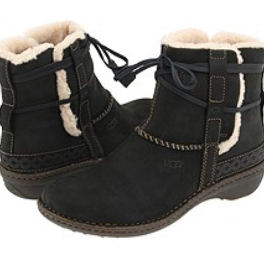 UGG Black Cove Suede Ankle Booties with Shearling Trim